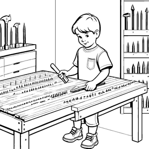 Der kleine Baumeister malt mit vielen Nägeln