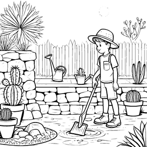 Der Junge gräbt im Garten voller Kakteen mit der Schaufel