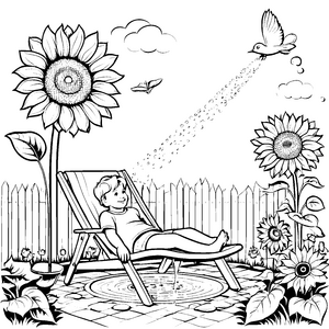 Sonnenblumen am Gartenliege bei Zaun und Vögeln malen