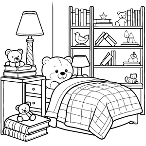 Mein gemütliches Schlafzimmer mit Nachttisch und Teddybären zum Ausmalen