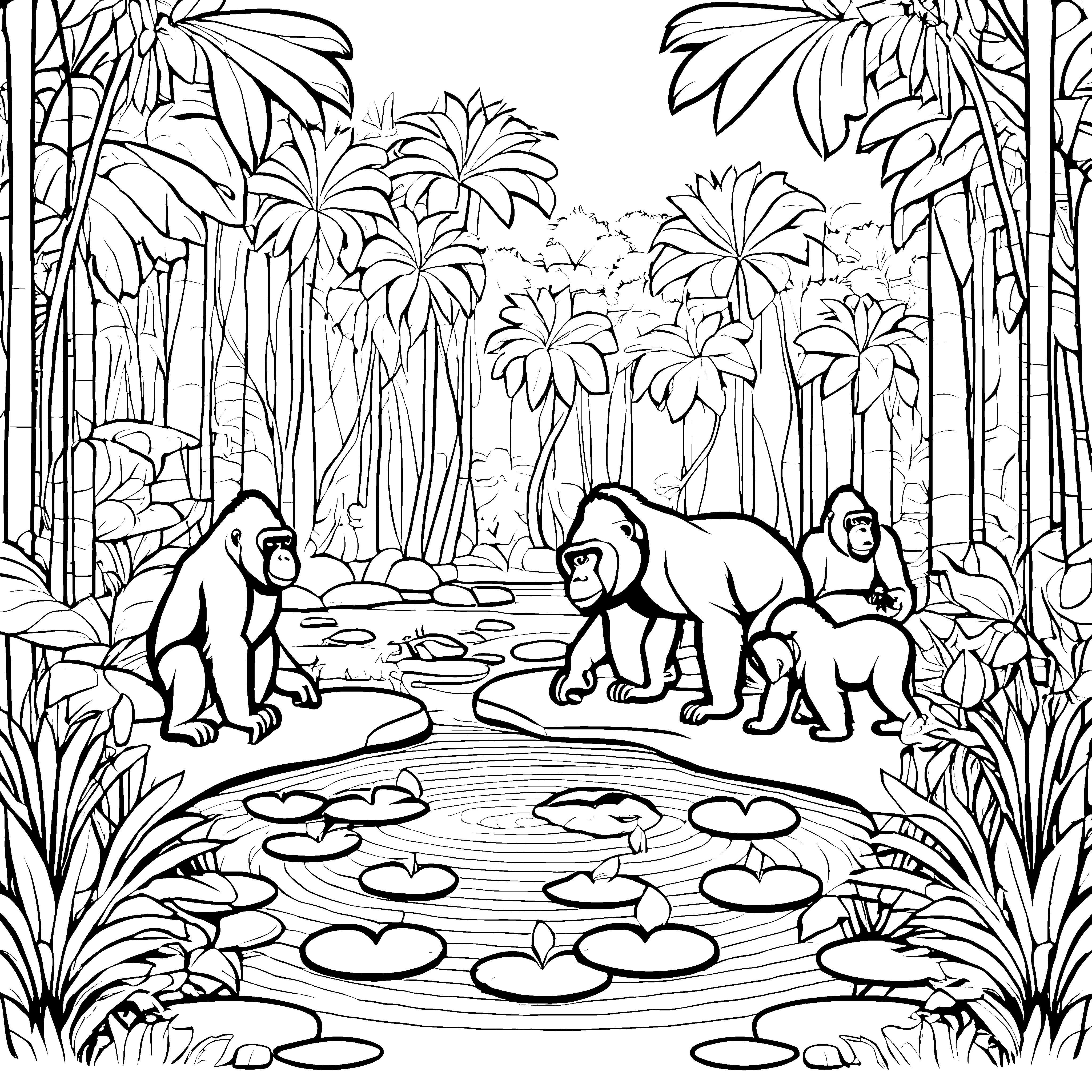 Gorillas am Bachufer im tropischen Dschungel zum Ausmalen
