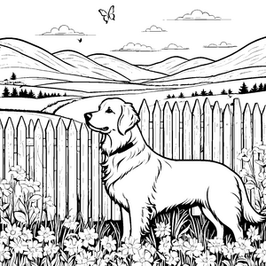 Sonniger Golden Retriever zwischen blühenden Blumen Ausmalbild für fröhliche Tierentdecker