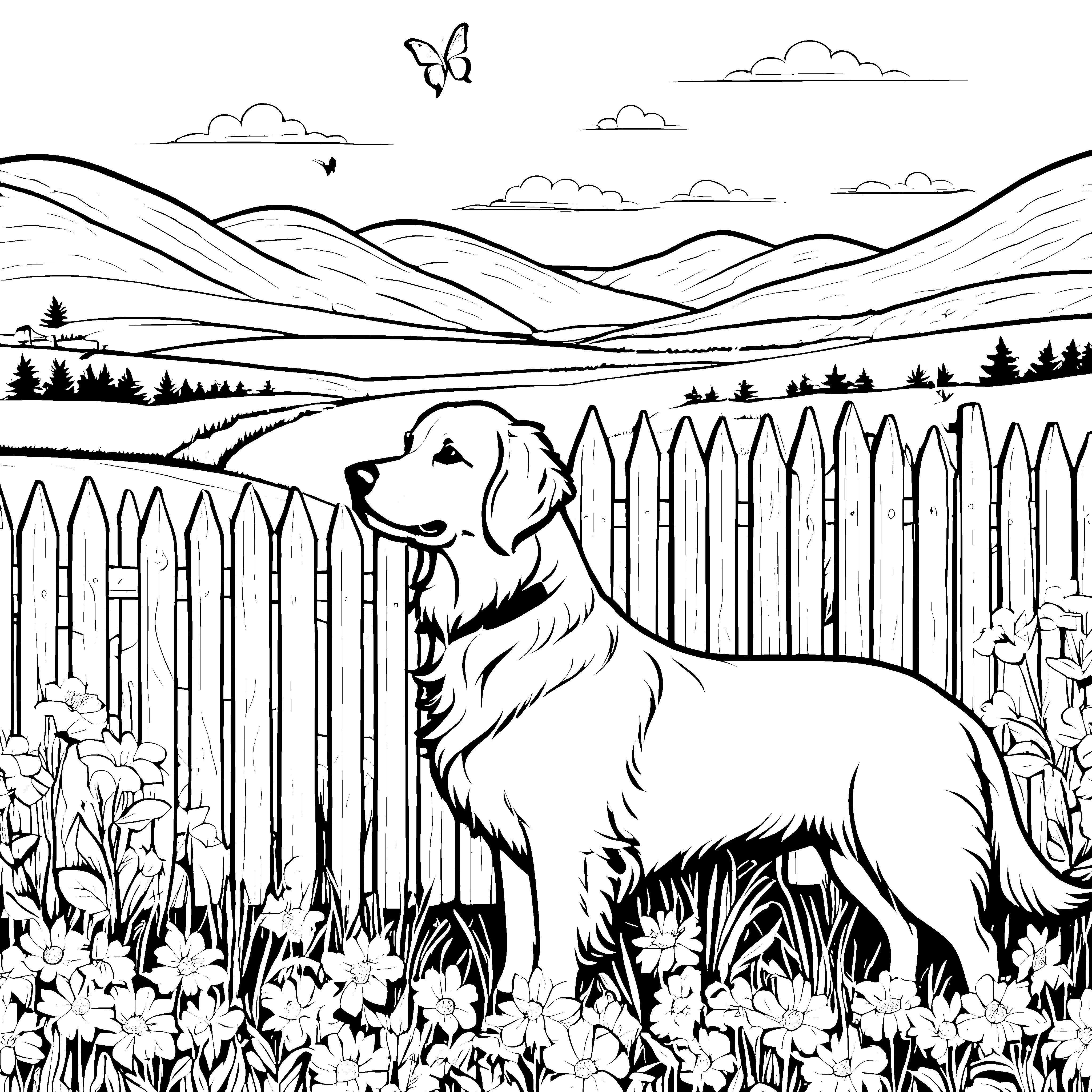 Sonniger Golden Retriever zwischen blühenden Blumen Ausmalbild für fröhliche Tierentdecker