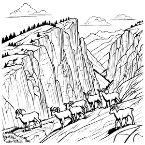 Steinbock-Babys auf dem Felsgrat in der Bergwelt zum Ausmalen