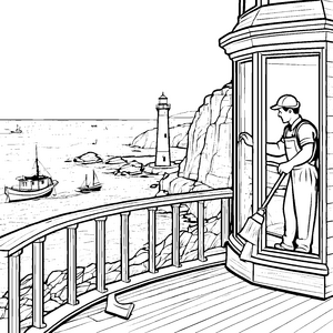 Der Fensterputzer am Leuchtturm mit kleinen Booten im Meer