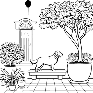 Freudiger Golden Retriever auf der Gartenbank Ausmalvorlage für kreative Tierfreunde