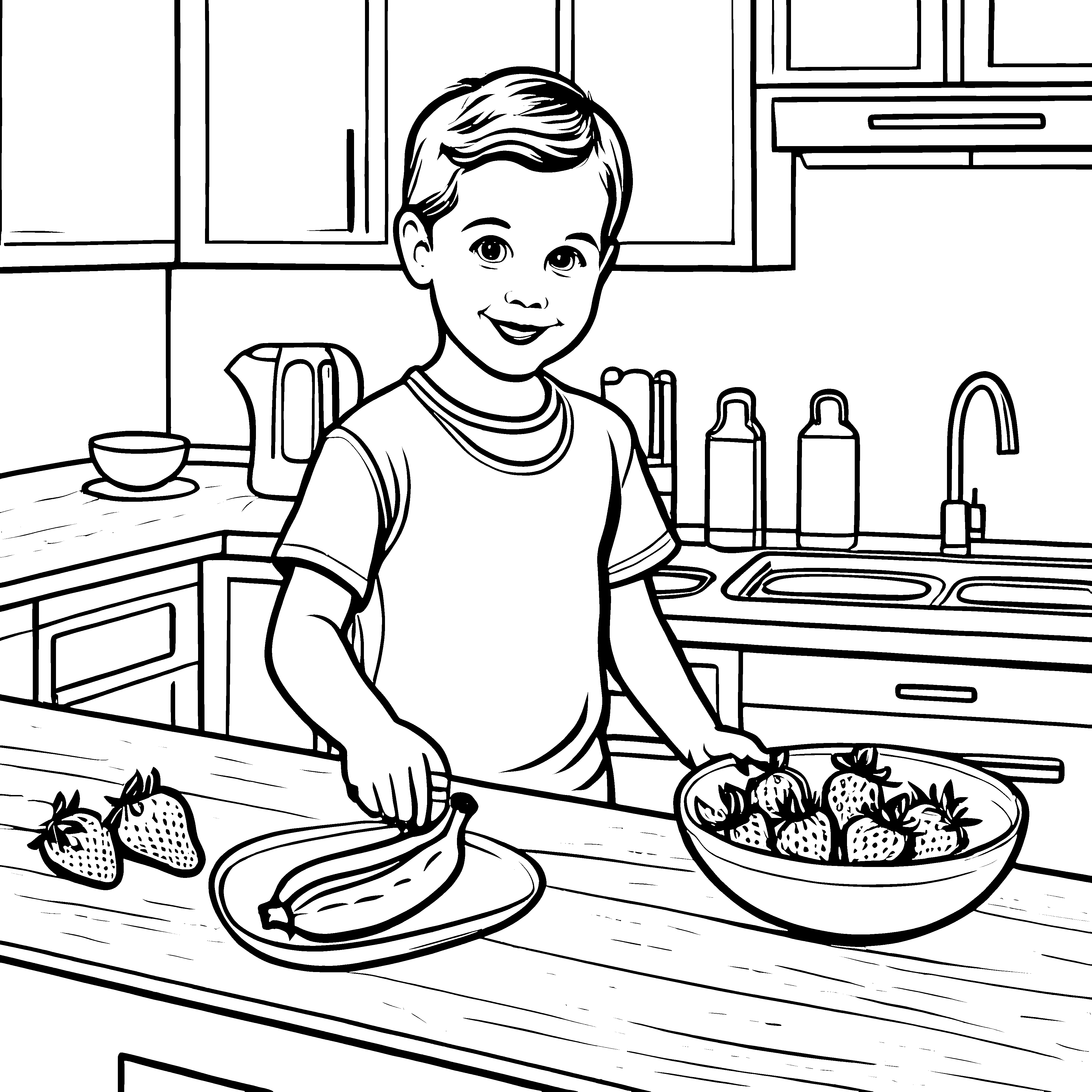 Kreativer Junge beim Spaß mit Bananen Malvorlage für kleine Küchenchefs