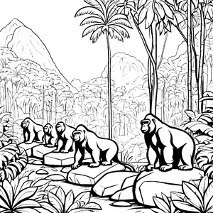 Gorillenfamilie im tropischen Dschungel Ausmalbild