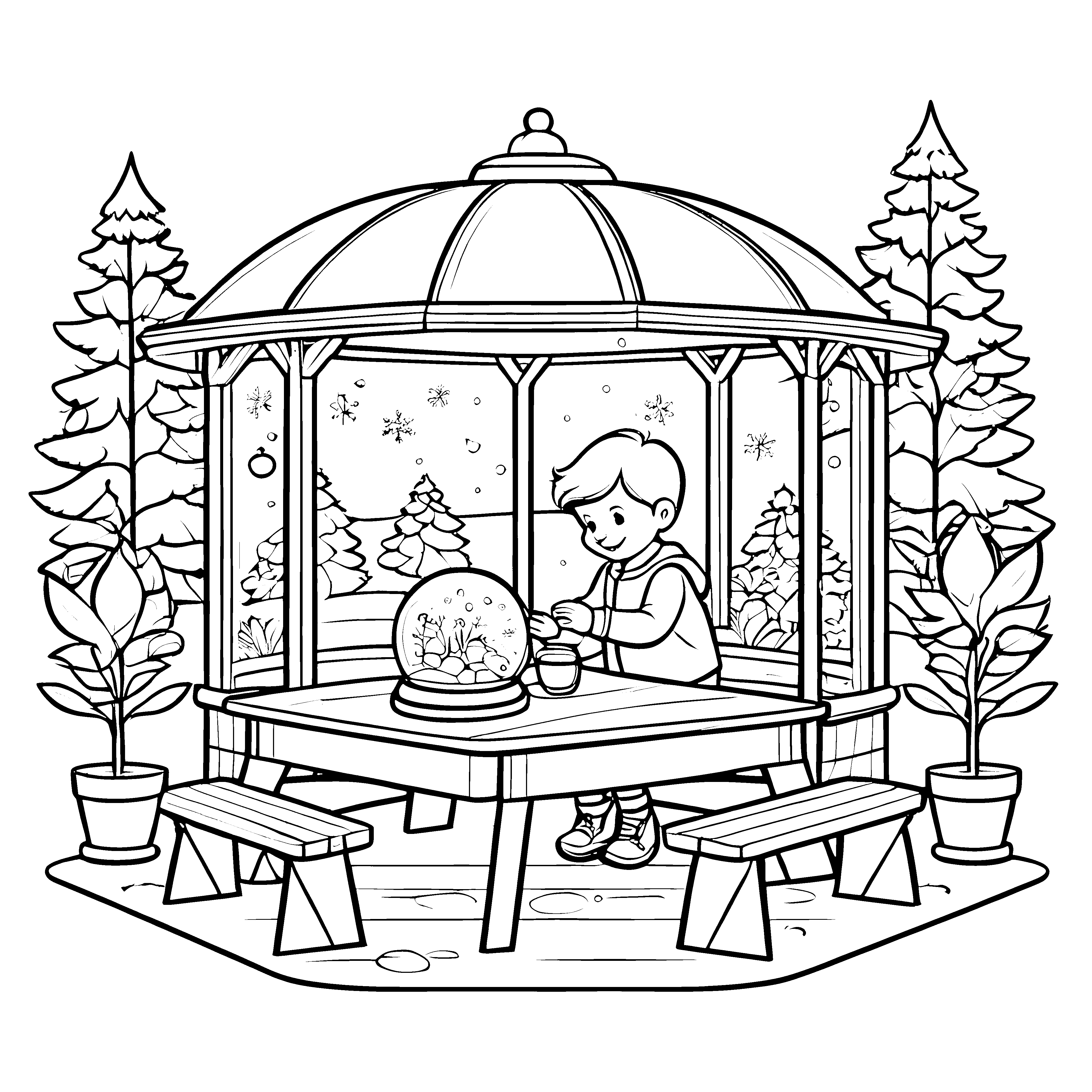 Das Kind malt mit der großen Schneekugel im Pavillon