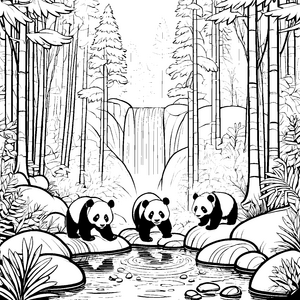 Pandabärenbabys am Bach: Ein Waldabenteuer zum Ausmalen