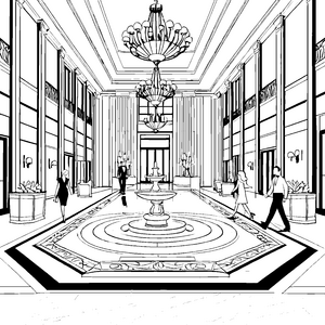 Das prunkvolle Hotelatrium mit Brunnen und Kronleuchtern zum Ausmalen
