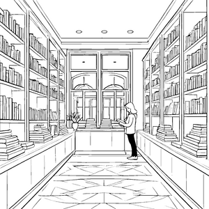 Bücherstube mit neugierigem Leser Malvorlage für wissbegierige Bibliophile