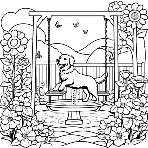 Fröhlicher Golden Retriever auf der Schaukel Ausmalmotiv für pfiffige Tierfreunde
