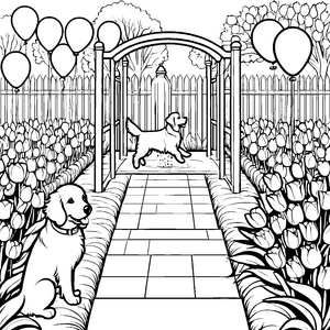 Fröhlicher Golden Retriever im blühenden Garten Ausmalmotiv für kleine Naturfreunde