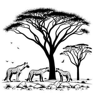 Entspannte Hyänen unter einem großen Baum Ausmalmotiv für abenteuerliche Tierfreunde