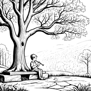 Junge spielt Flöte unter dem großen Baum im Freien zum Ausmalen