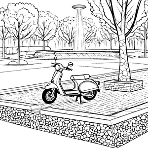 Moped im Park: Ein Ausmalspaß mit Springbrunnen und Bäumen