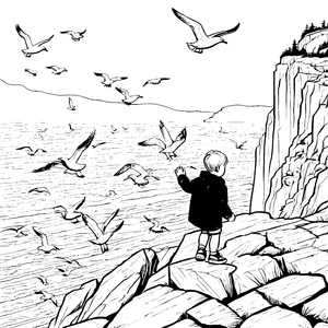 Faszinierende Klippenlandschaft mit fliegenden Vögeln Malvorlage für abenteuerlustige Kinder