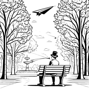 Eleganter Herrenhut mit Papierflieger im Park Ausmalbild für kreative Denker