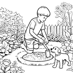 Der Junge und der Hund mit der Schaufel im Garten malen zum Ausmalen