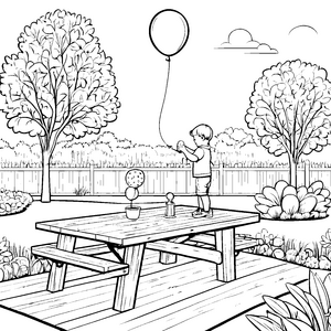 Kinder picknicken mit bunten Luftballons zum Ausmalen