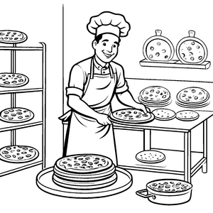 Der freundliche Pizzabäcker macht Pizza für Kinder zum Ausmalen