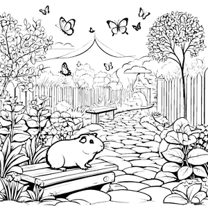 Das Meerschweinchen im Garten mit Schmetterlingen zum Ausmalen