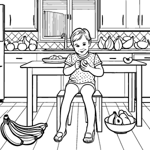 Fröhliches Kind mit bunten Bananen Malvorlage für kleine Naschkatzen