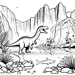 Faszinierender Spinosaurus beim Flussbad Ausmalbild für junge Dinosaurierfans
