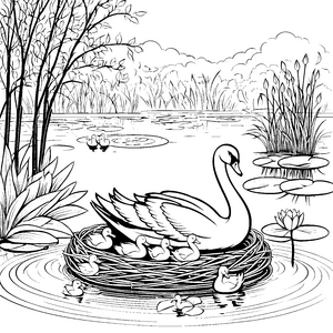Elegantes Schwäne im Nest am ruhigen Teich Ausmalmotiv für kleine Tierliebhaber