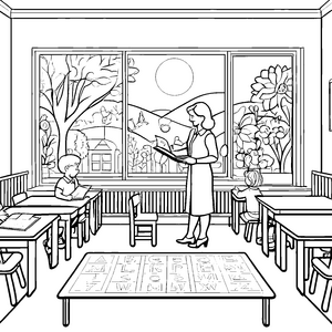 Malspaß mit der Lehrerin und dem großen Buchstabenalphabet im Klassenzimmer