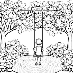 Magnolienbogen: Ein Kind schaukelt unter blühenden Ästen