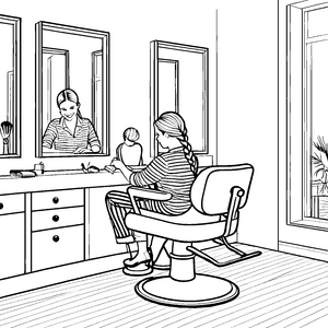 Kreatives Frisieren im Friseursalon mit fröhlicher Kundin Ausmalvorlage für zukünftige Hairstylisten