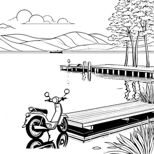 Moped am See: Ein Ausmalspaß mit Hügeln und Bojen