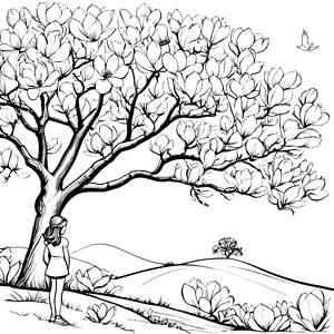 Magnolienblüte und Schmetterlinge auf dem Hügel ausmalen