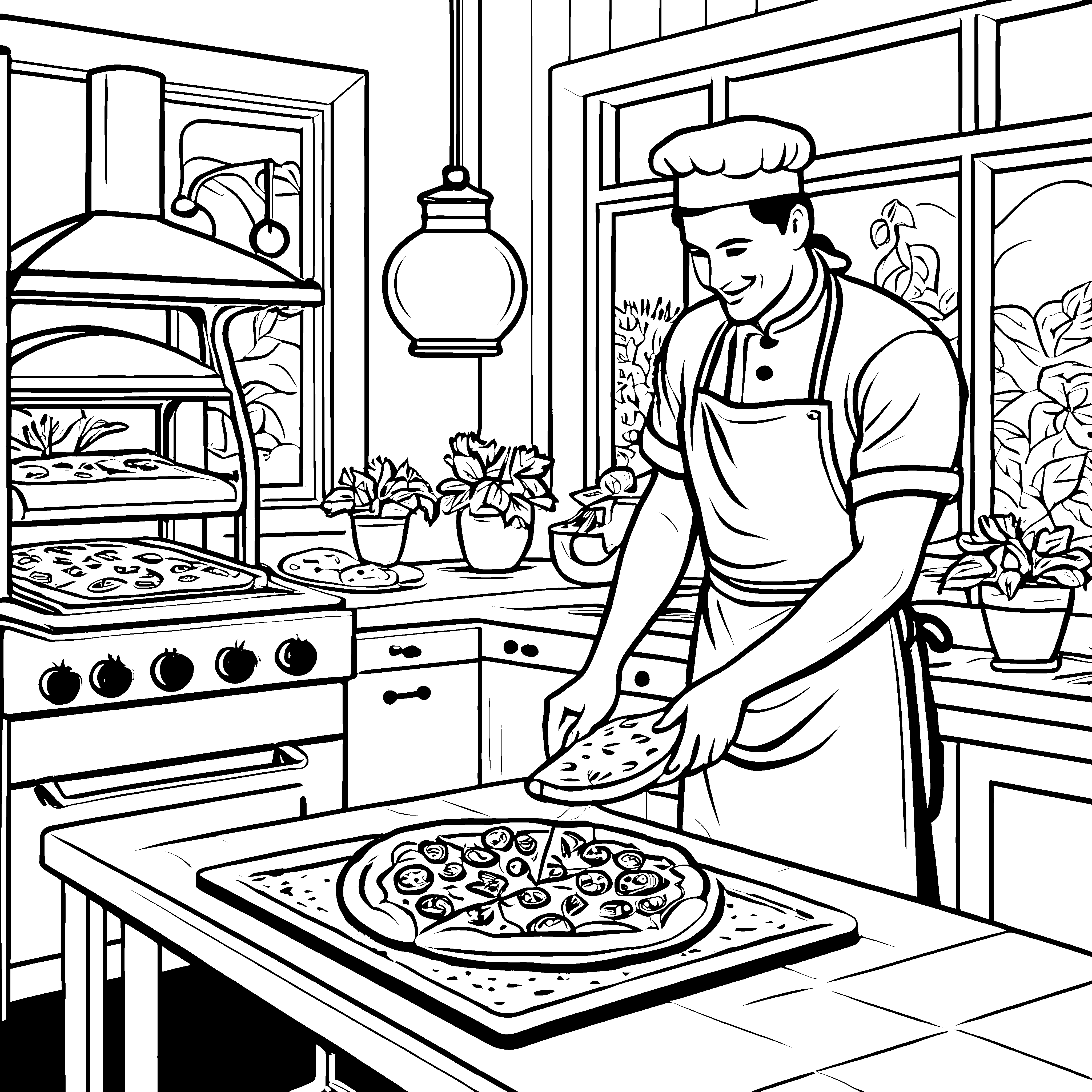 Der kleine Pizzabäcker backt eine leckere Pizza im Holzofen