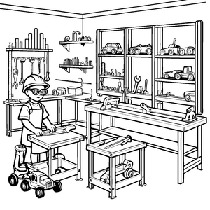 Der kleine Mechaniker in seiner Werkstatt malt Autos