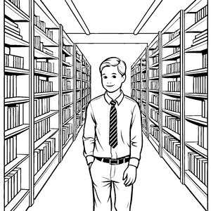 Der kleine Mann mit Krawatte im Bücherregal zum Ausmalbild