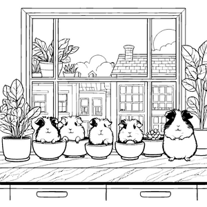 Meerschweinchen vor dem Fenster mit Topfpflanzen zum Ausmalen