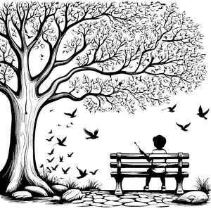 Flöteklänge im Park: Ein Ausmalbild unter dem großen Baum