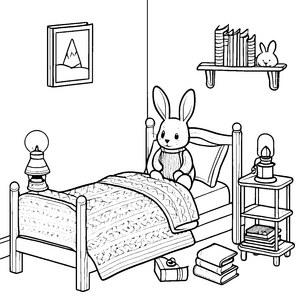 Mein gemütliches Kinderzimmer mit Nachttisch und Hasenausmalbild