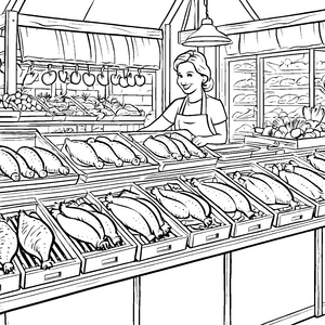 Die freundliche Fleischerin und ihr Sortiment an Wurst und Fleisch
