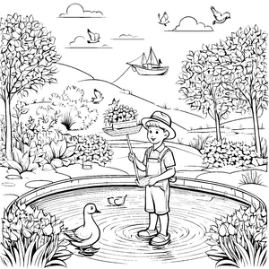 Der Junge harkt im Teich der blühenden Gartenlandschaft