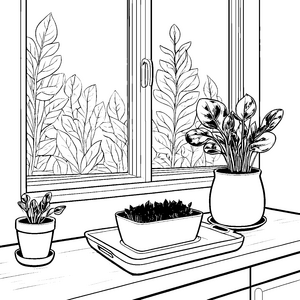 Bezaubernde Pflanzenwelt am Fenster Ausmalbild für kleine Entdecker