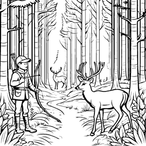 Abenteuerlicher Jäger im friedlichen Wald Ausmalmotiv für neugierige Entdecker