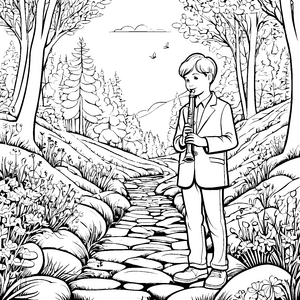 Der Junge mit der Flöte im Wald malen zum Ausmalen