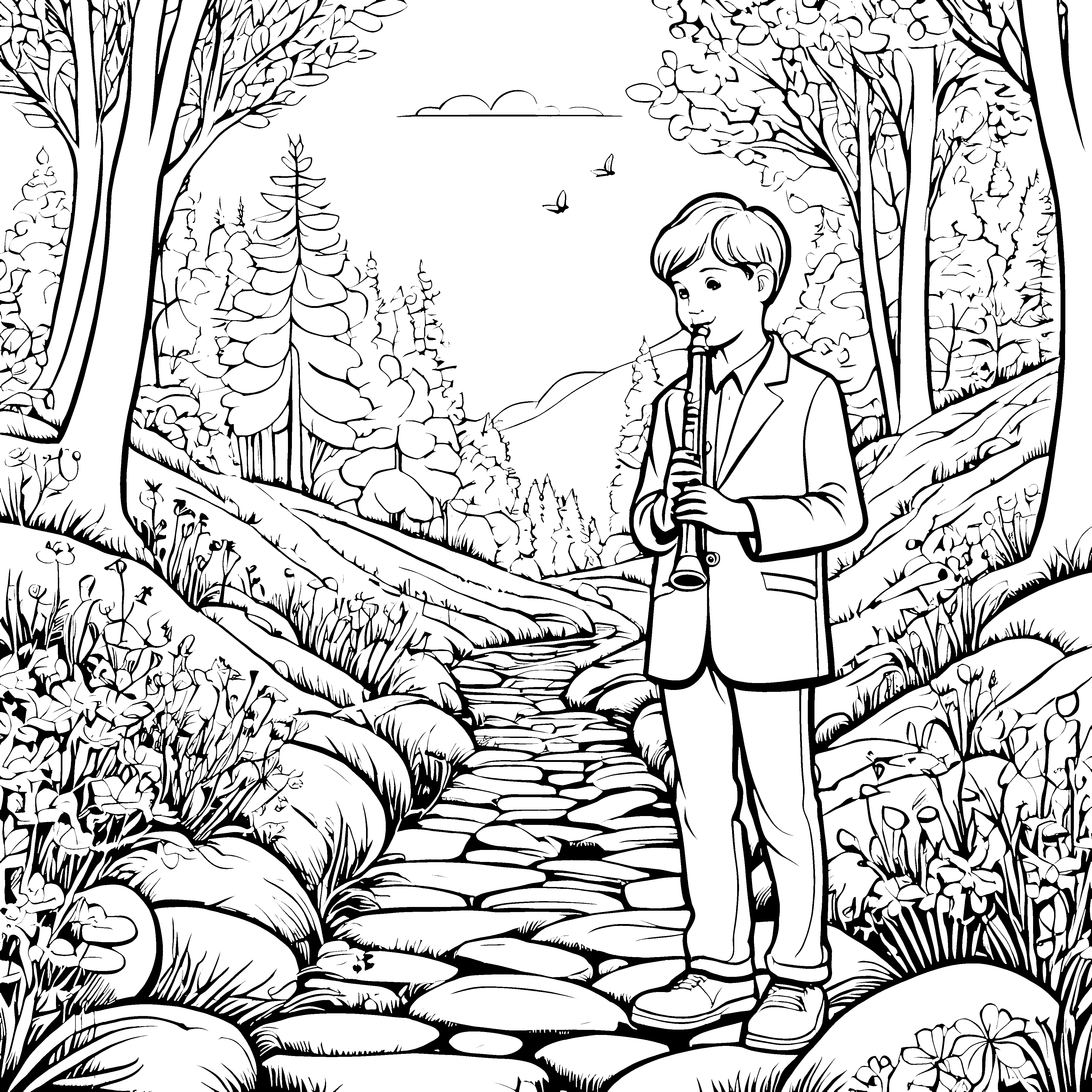 Der Junge mit der Flöte im Wald malen zum Ausmalen