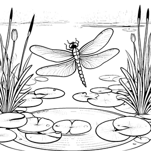 Schillernde Libelle über blühendem Teich Ausmalmotiv für fantasievolle Künstler