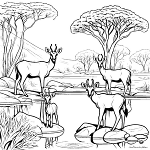 Flauschige Antilopenjungtiere in der Savannenlandschaft zum Ausmalen