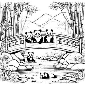 Pandabärenbabys auf der Holzbrücke am Bambusbach zum Ausmalen